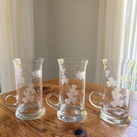None Other - Vintage Set of 3 Clear Irish Cream Glass Mugs with shamrock Etching